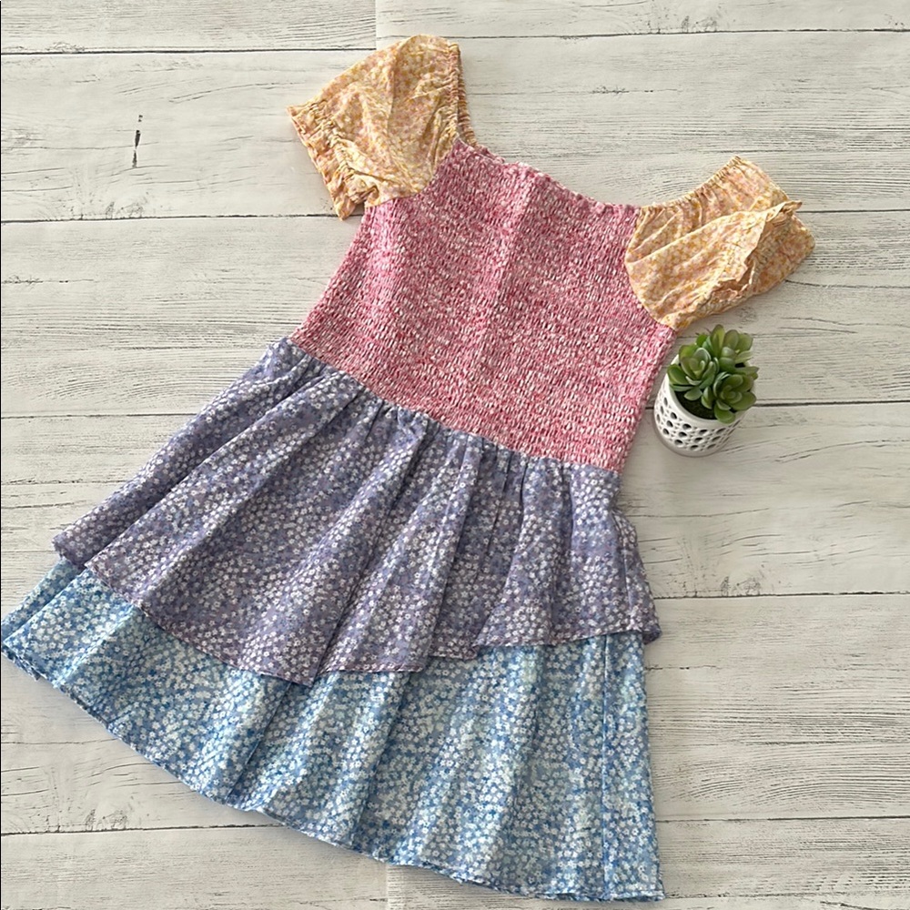 Pink and Purple Tiered Ruffled Sundress with Puff Sleeves